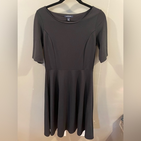 Lands End Small Elbow Sleeve Knee Length Dress Black Solid Knit Fitted - Picture 1 of 3
